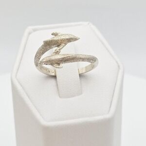 Vtg Signed KABANA Dolphin Ring 925 Sterling Silver Textured Adjustable Size 7.5